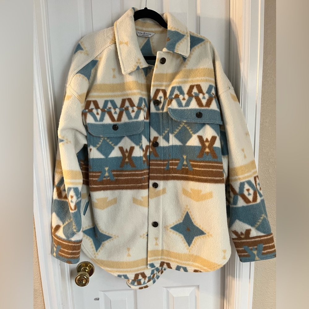 Patterned Fleece Shacket - Cream, Blue & Brown